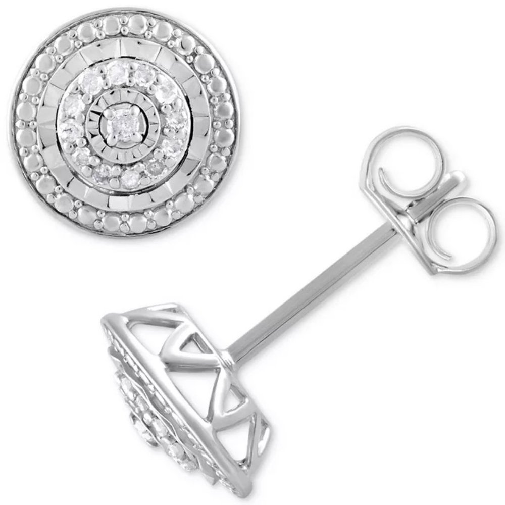 Macys Diamond Stud Halo Sterling Silver Earrings NIB